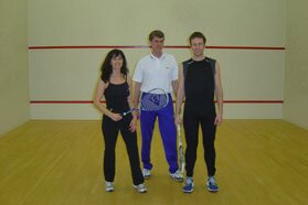Simon Pascoe and Carolyn Elliott with coach Derek at GSK Stevenage